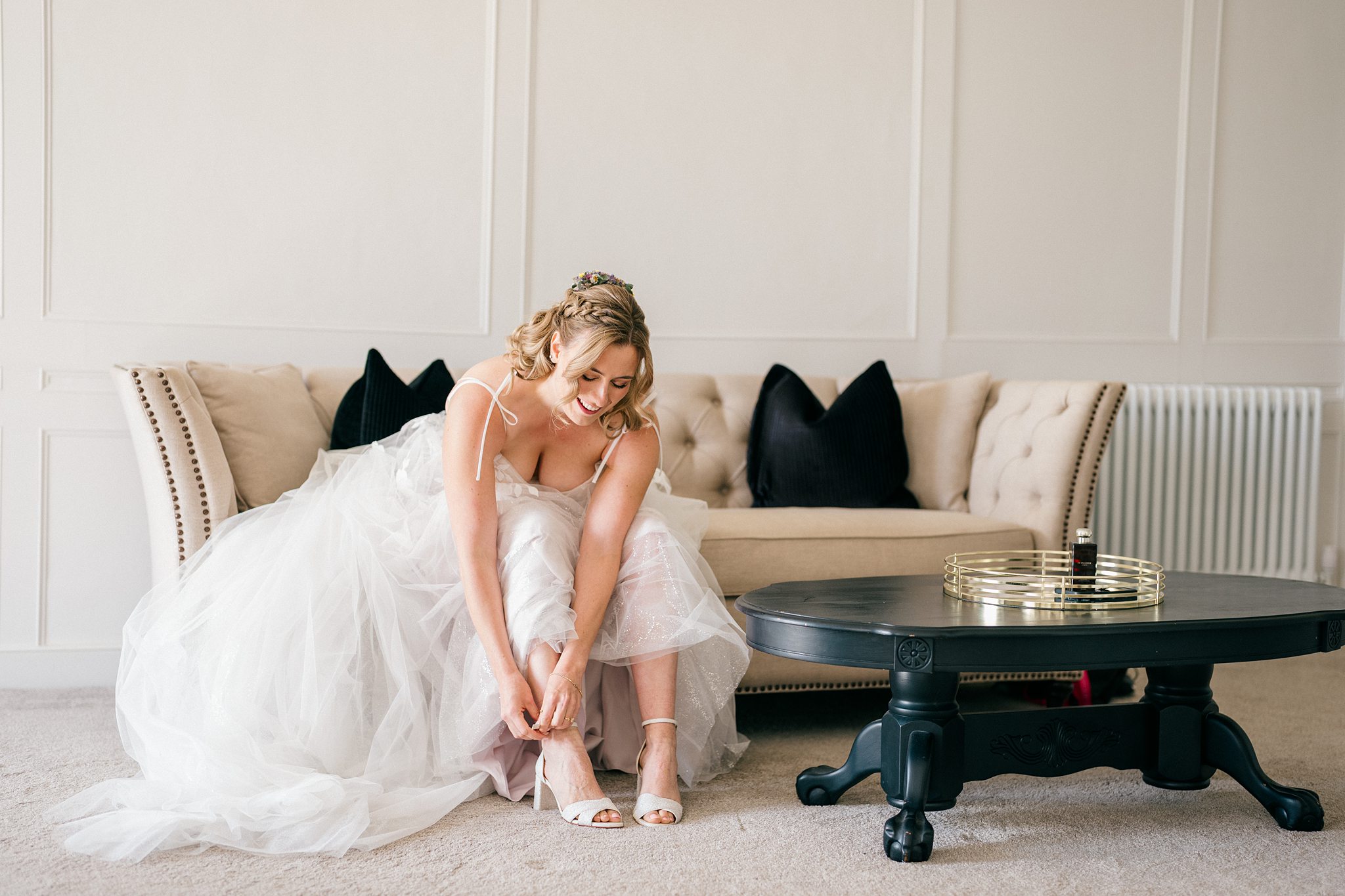 Classic ivory velvet pumps styled as timeless wedding shoes for Gloucestershire weddings